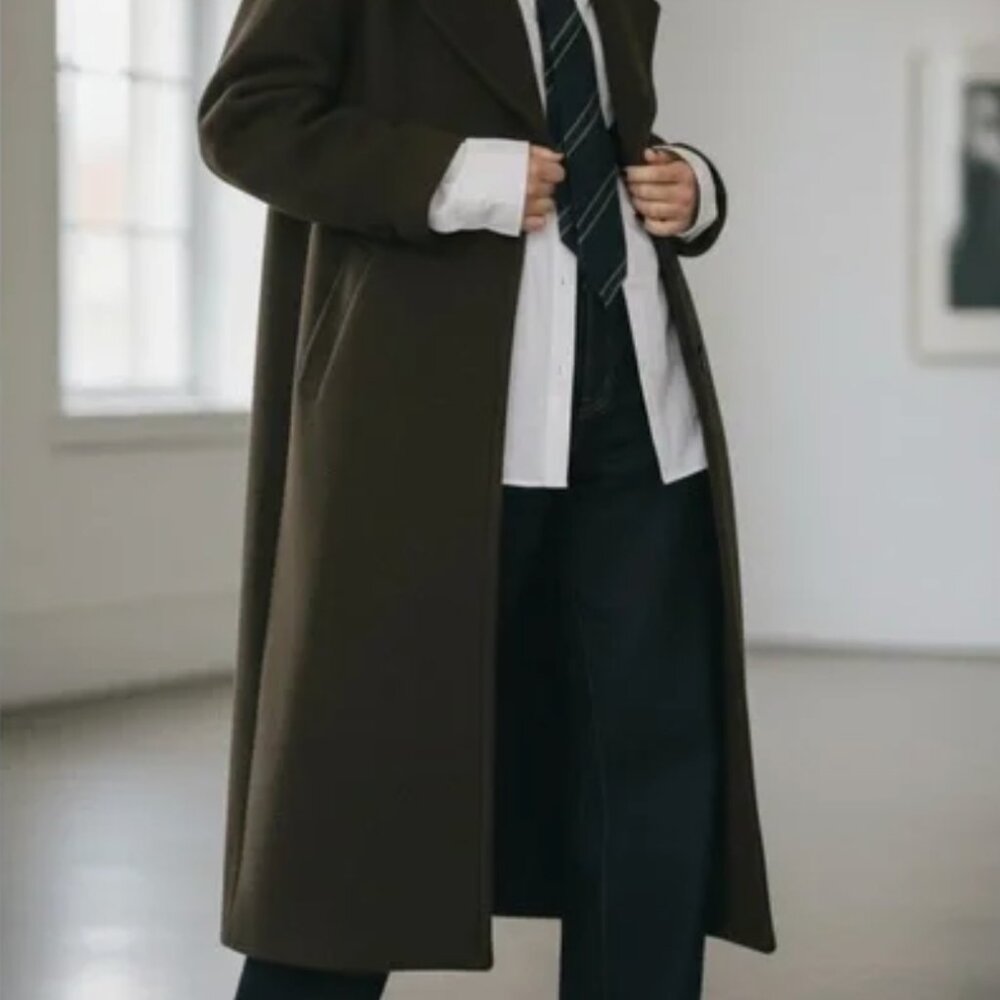 NWT Zara Monteco Wool Double-Breasted Long Coat with Gray Collar/ Olive Green M - Picture 5 of 16